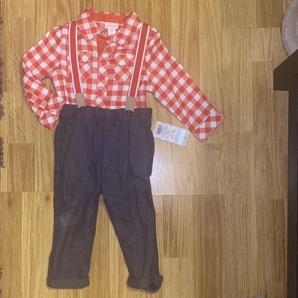 Cat and Jack Two Piece Set — Orange flannel paired with Gray Pants w/ suspenders